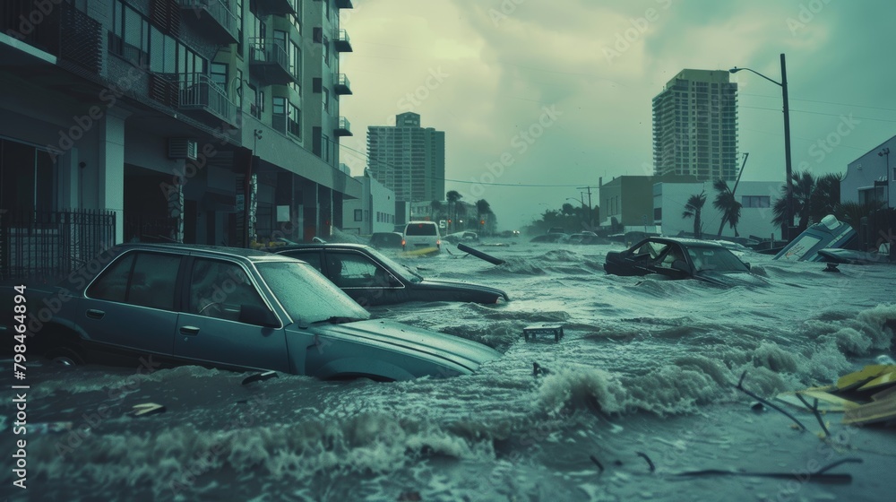 Dramatic coastal city scene during severe hurricane with flooding and building destruction