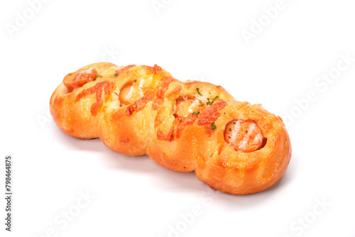 Sausage twist bun isolated on white background. Bakery product photography