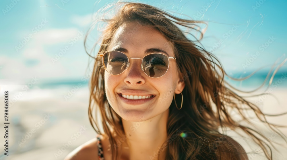 Beautiful happy smiling lady in sunglasses on the sea beach. AI Generated Beautiful happy smiling lady in sunglasses on the sea beach. AI Generated
