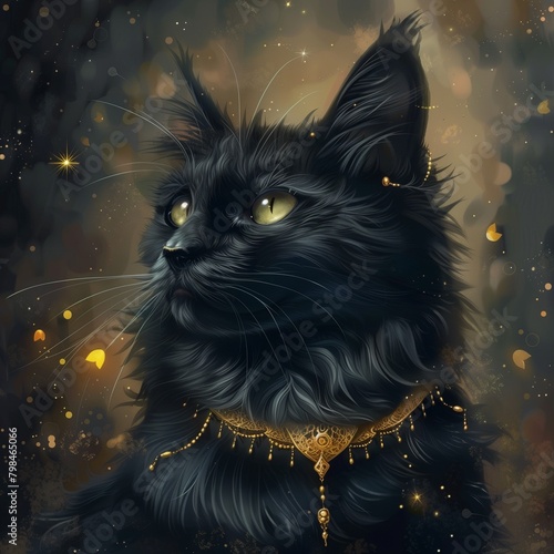 Felino negro adornado con collar dorado resplandeciente.