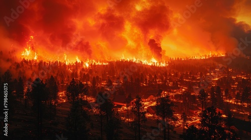 Dramatic scene of large wildfire near residential area - forest engulfed in flames