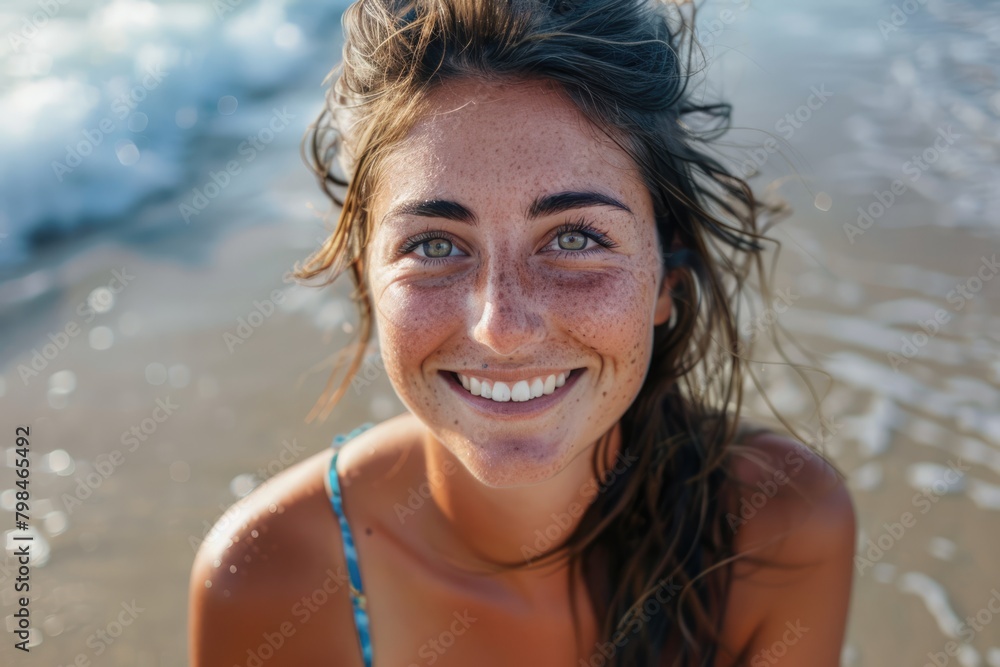 Beautiful happy smiling young woman with freckles on her face on the ocean beach. AI Generated