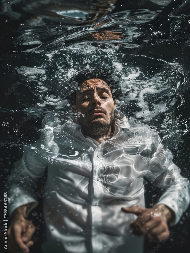 A stressed and desperate businessman submerged by water in his workplace, having a burnout because of excess working, mental load, economic crisis, depression and recession - Panic on Finance A stressed and desperate businessman submerged by water in his workplace, having a burnout because of excess working, mental load, economic crisis, depression and recession - Panic on Finance