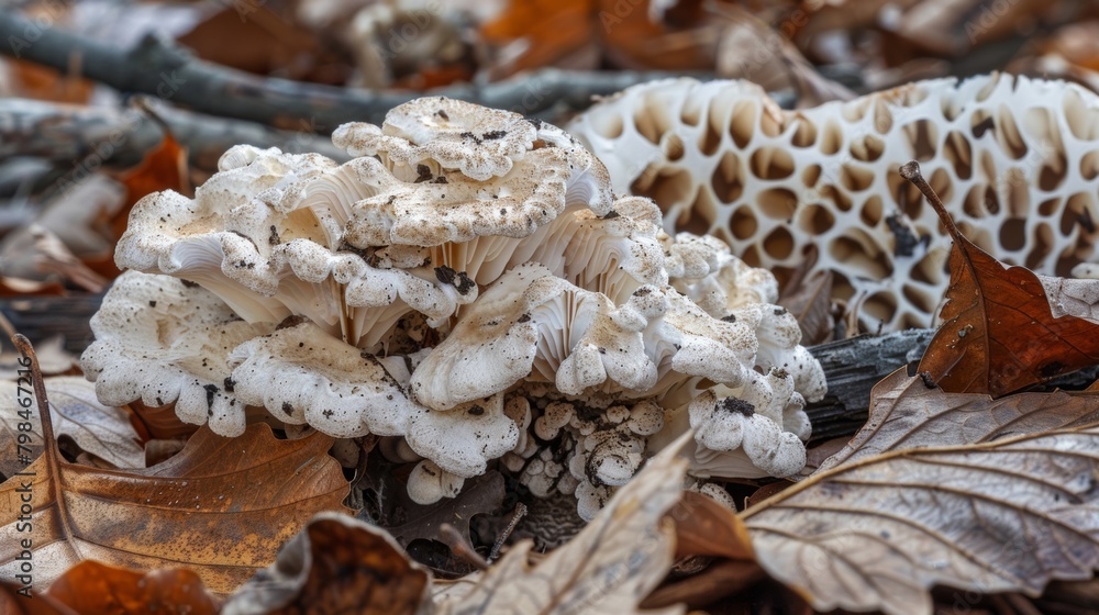 A macro shot of a of mushrooms growing on a bed of decaying leaves highlighting the gnarled and bumpy texture of the forest floor.. A macro shot of a of mushrooms growing on a bed of decaying leaves highlighting the gnarled and bumpy texture of the forest floor..
