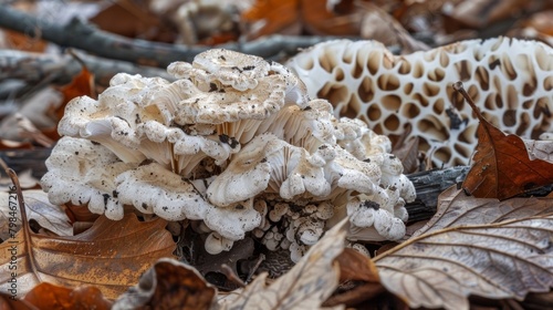 A macro shot of a of mushrooms growing on a bed of decaying leaves highlighting the gnarled and bumpy texture of the forest floor..