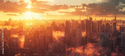 Fototapeta Naklejka Na Ścianę i Meble -  Aerial view of a big city with skyscrapers at sunset. Panorama of downtown. AI Generated 