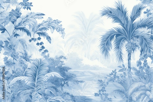 Blue jungle toile landscape pattern nature.