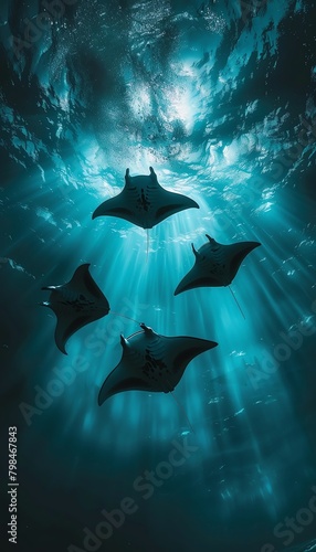 Dive into brilliance with a minimalist underwater marvel featuring a pod of graceful manta rays gliding in a vast  azure sea Embrace the unexpected allure of wide-angle views capturing the essence of