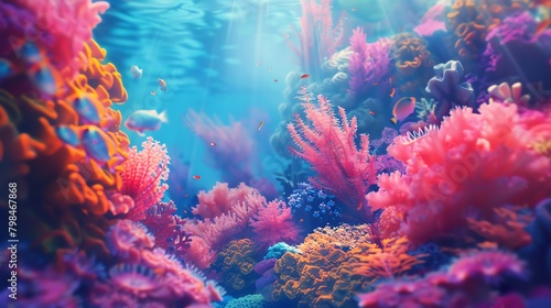 Discover the harmonious beauty of an otherworldly coral reef rendered in striking minimalist style Let the mesmerizing blend of vibrant hues and dynamic composition, captured from unique underwater pe © Amemage
