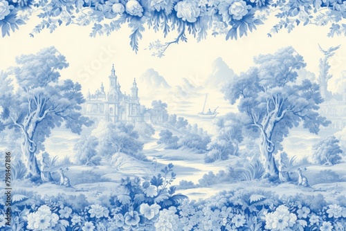 Blue toile wallpaper landscape painting. photo