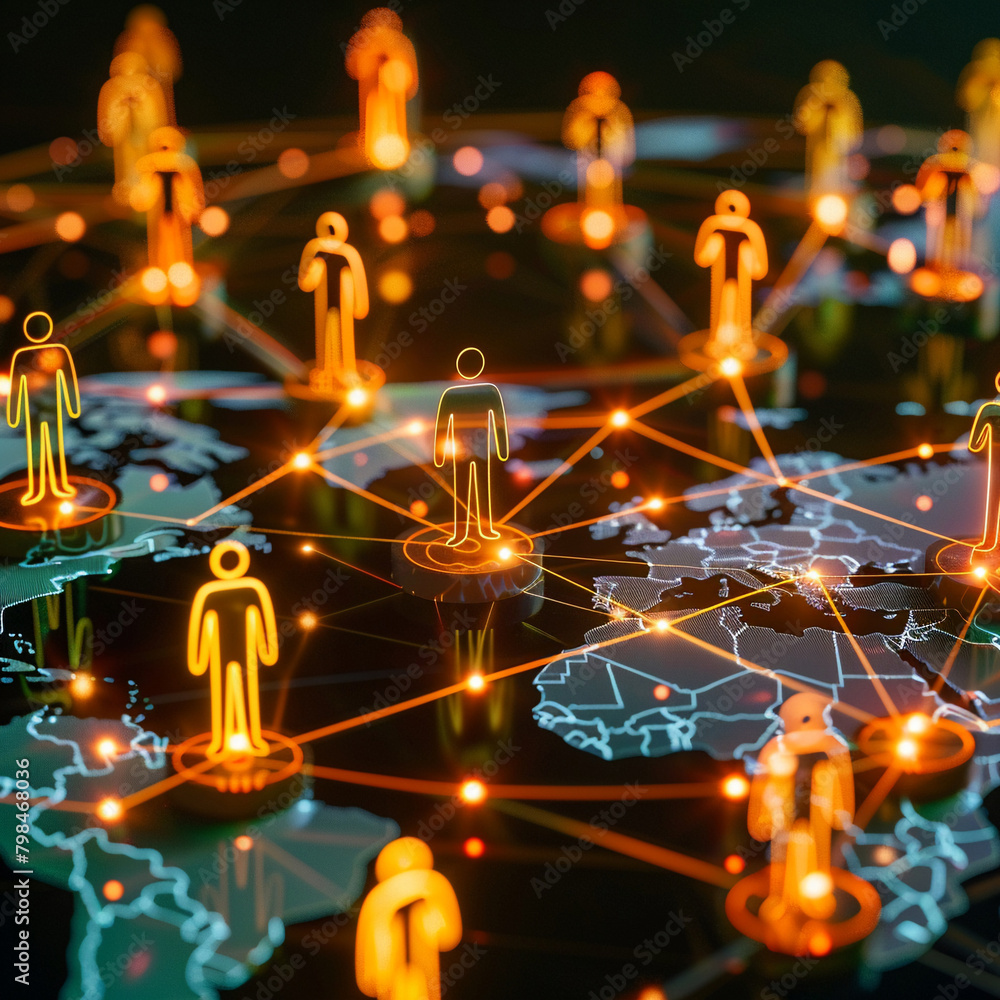 World Trade Node Figures of business leaders positioned on a digital global map glowing ...