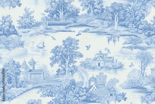 Blue toile wallpaper pattern drawing. photo