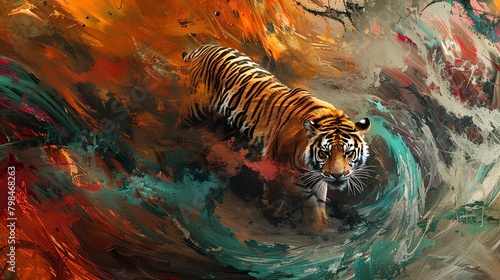 Infuse the raw energy of a prowling tiger merging with bold, digital brush strokes in a photorealistic landscape, utilizing aerial perspectives to create a captivating fusion of wildlife photography a photo