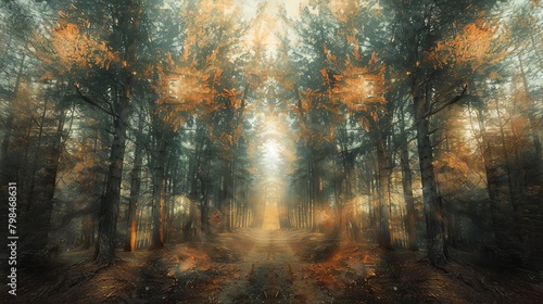 Fusion of Surrealism and Gestalt principles in a forest scene, shot from a slanted angle, challenging perceptions of reality and unity, evoking unsettling beauty