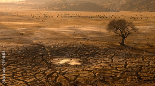 Struggling Wildlife in Dried-Up Sub-Saharan Savannah: Animals Gather at Waterhole