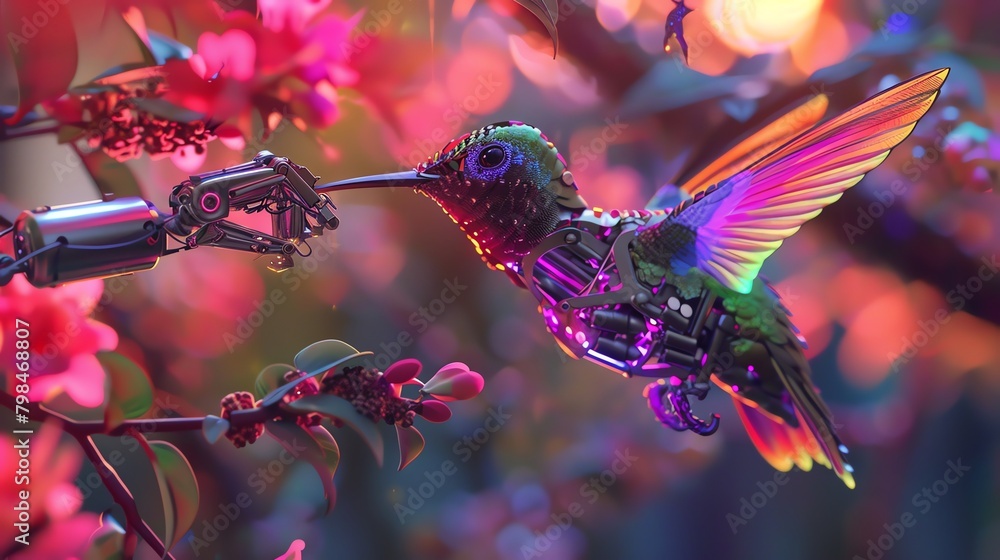 Capture a robotic arm, resembling a metallic tree branch, reaching out to snap a photo of a neon-colored mechanical hummingbird mid-flight Dramatic lighting enhancing the futuristic wildlife theme