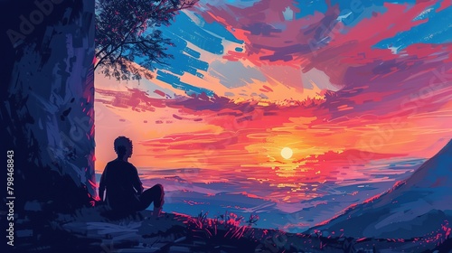 An illustration of someone pausing to watch a sunset, reflecting on the passage of time photo
