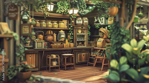 An animated scene of a general store in a miniature forest. Interior features handcrafted wooden furnishings and a variety of quaint goods, bathed in the glow of a spring afternoon.