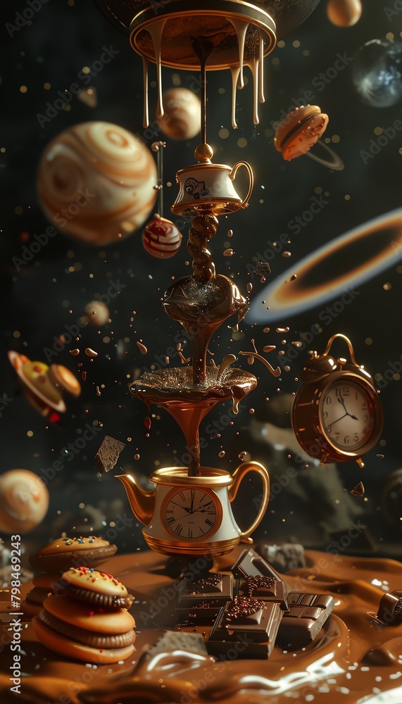 Transcend reality with a digitally rendered high-angle scene, blending Surrealism and Culinary Arts effortlessly Think melting clocks made of chocolate and teapots pouring galaxies, crafting a mesmeri