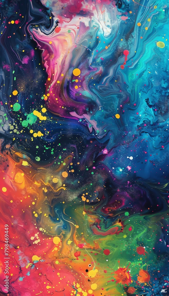 Bring the concept of teaching through abstract art to life with a scene of a paint-splattered palette merging with a cosmic background, blending traditional and digital art techniques seamlessly to re