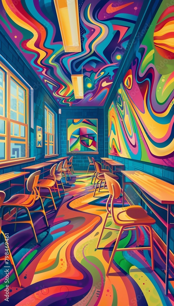 Capture the essence of learning with a long shot of a colorful classroom scene, infused with abstract art elements like vibrant geometric shapes and swirls, blending traditional chalkboard illustratio