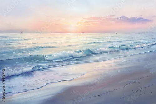 Paint a tranquil seascape at sunset  depicting a serene beach with pastel hues in a soft watercolor style Capture the gentle waves and distant sailboats  invoking a sense of calm and nostalgia
