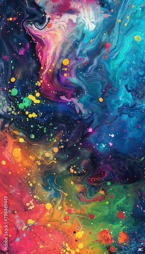 Bring the concept of teaching through abstract art to life with a scene of a paint-splattered palette merging with a cosmic background, blending traditional and digital art techniques seamlessly to re