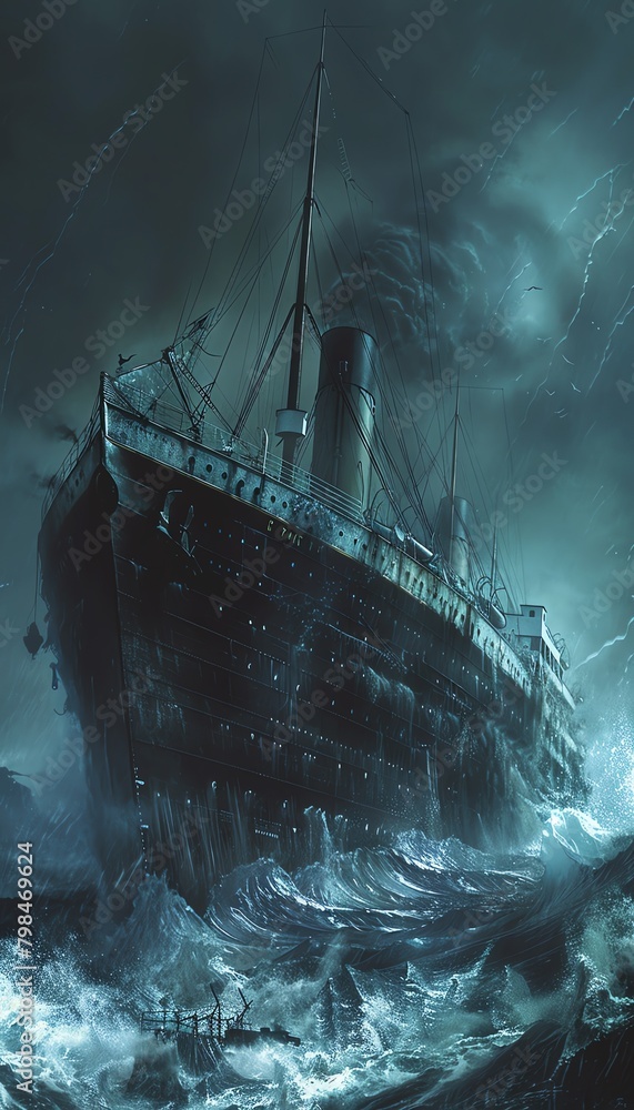 Visualize a haunting, wide-angle view of the Titanic sinking, with eerie shadows engulfing the icy waters, evoking a sense of macabre mystery Use digital techniques to enhance the chilling horror twis Visualize a haunting, wide-angle view of the Titanic sinking, with eerie shadows engulfing the icy waters, evoking a sense of macabre mystery Use digital techniques to enhance the chilling horror twis