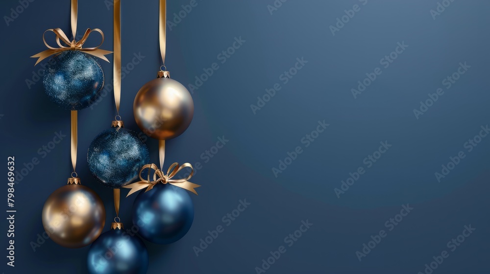 Christmas and New Year minimalistic background. Golden and blue Glass Balls hanging on ribbon on Navy blue background with copy space for text. The concept of Christmas and New Year holidays Christmas and New Year minimalistic background. Golden and blue Glass Balls hanging on ribbon on Navy blue background with copy space for text. The concept of Christmas and New Year holidays