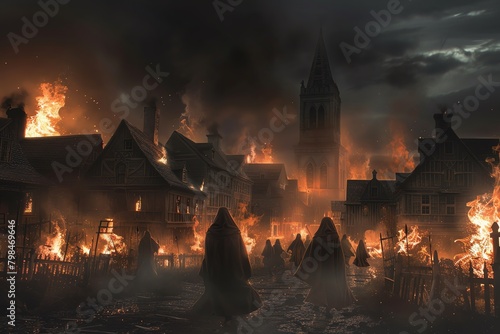Craft a spine-chilling, wide-angle scene of the Salem Witch Trials, depicting spectral figures looming ominously over the town square engulfed in flames Utilize a mix of dark, realistic tones to heigh photo