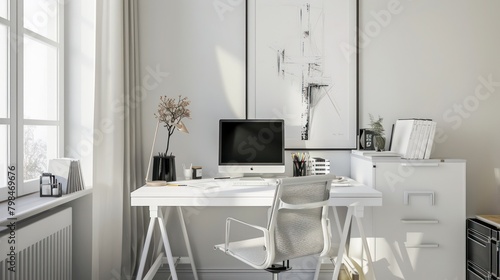 White work desk with monitor screen on minimalist white wall background. photo