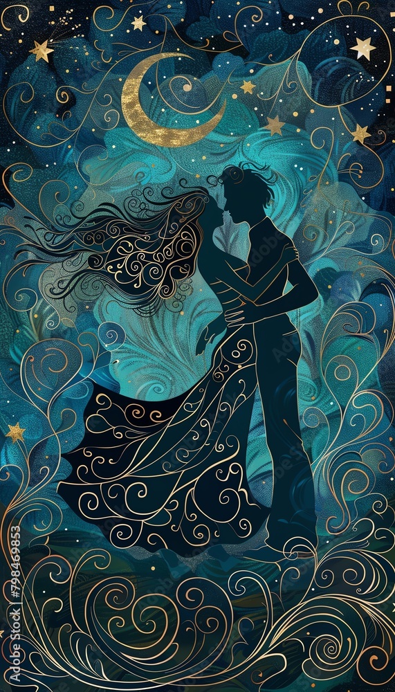 Fototapeta premium Produce a digital artwork of a couple dancing under a starlit sky, influenced by the Art Nouveau style, incorporating intricate floral patterns and graceful lines to convey a mesmerizing atmosphere of