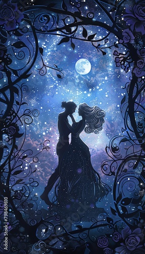 Produce a digital artwork of a couple dancing under a starlit sky, influenced by the Art Nouveau style, incorporating intricate floral patterns and graceful lines to convey a mesmerizing atmosphere of