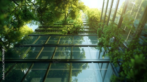Close-up of Sustainable green glass building. Trees. hyper realistic 