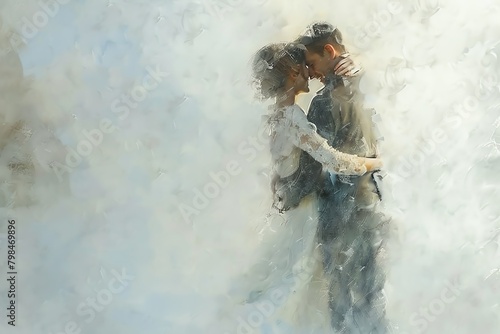 Capture a tender embrace at eye-level, inspired by the romanticism art movement with soft, ethereal brushstrokes reminiscent of watercolors on a misty day