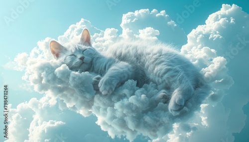 Cat sleeps on sky's cloud canvas, blending with nature.