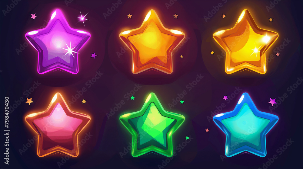 Set of colorful star isolation on dark background, game icons set, Illustration Set of colorful star isolation on dark background, game icons set, Illustration