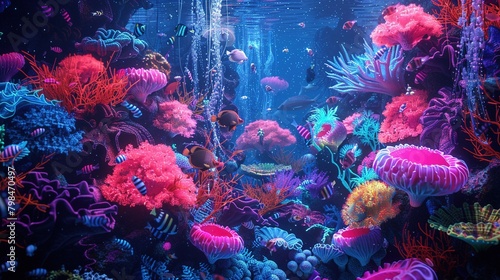 An image of a 3D neon coral reef collage  blending sea creatures and underwater flora
