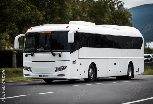 big white bus angle tour right front view three-dimensional aerodrome auto automobile automotive business tied-up cargo carrier charter city coach delivery destination drive freight glasses