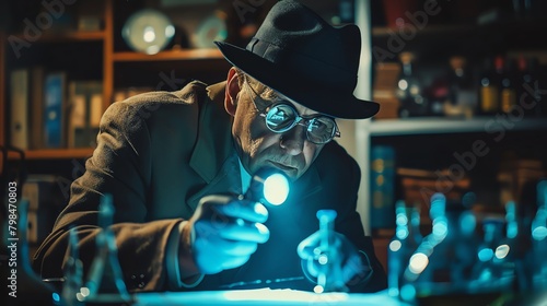 Cinematic shot of a crime scene with a detective meticulously analyzing forensic evidence under the beam of a flashlight