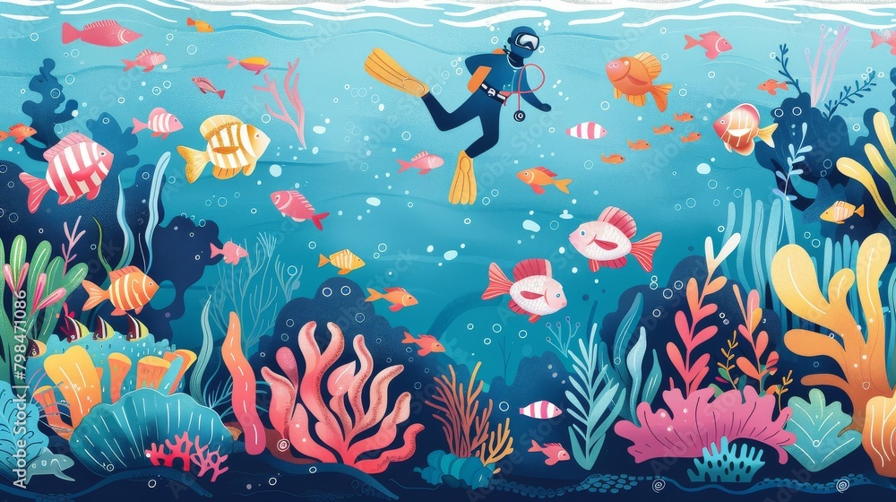 A colorful underwater adventure with a scuba diver and marine life