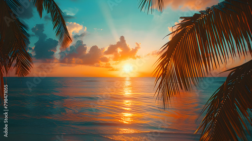 Gorgeous tropical sunset over beach with palm tree silhouettes perfect for summer travel and vacation.