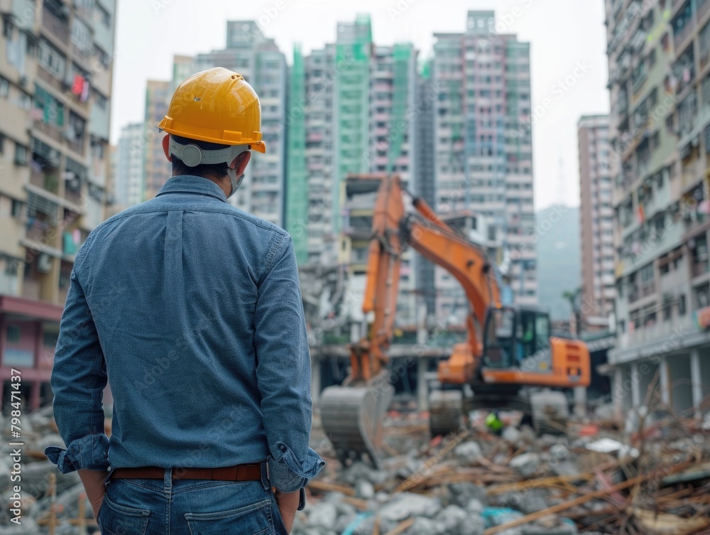 A man is at a demolition site, looking at tall buildings A man is at a demolition site, looking at tall buildings