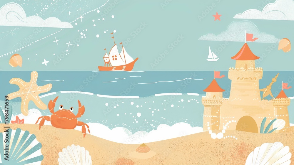 A whimsical beach scene with charming sea life and a sandcastle A whimsical beach scene with charming sea life and a sandcastle