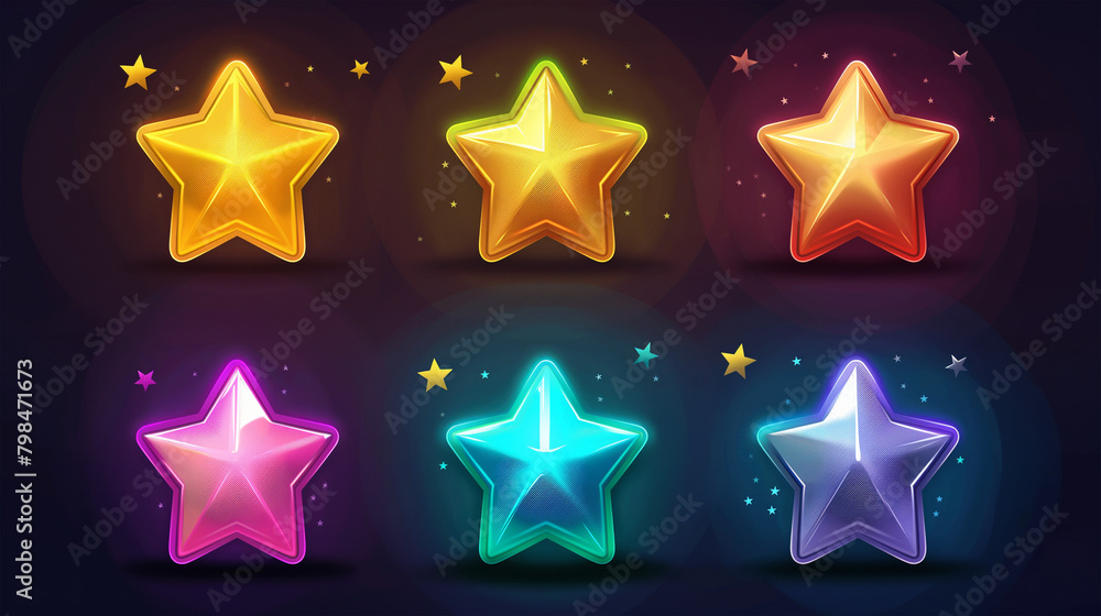 Set of colorful star isolation on dark background, game icons set, Illustration Set of colorful star isolation on dark background, game icons set, Illustration