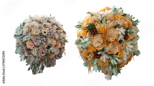 Two bouquets of sola wood flowers in dusty blue and mustard yellow with greenery and cream accents. photo