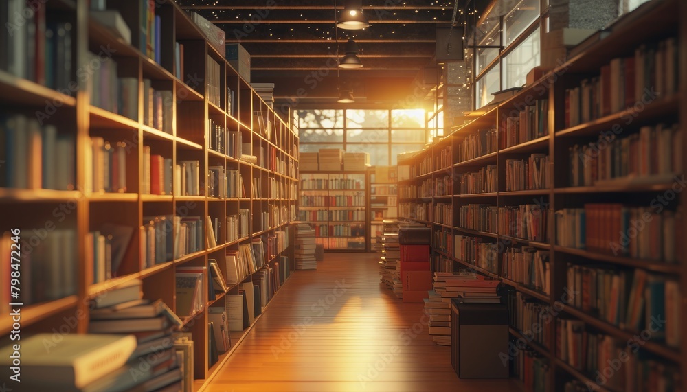 Bookstore bathed in warm light, rows of neatly arranged books beckon exploration and discovery. Bookstore bathed in warm light, rows of neatly arranged books beckon exploration and discovery.