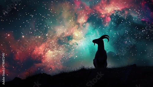 Goat silhouette against vibrant galaxy, majestic horns aimed at celestial bodies. photo