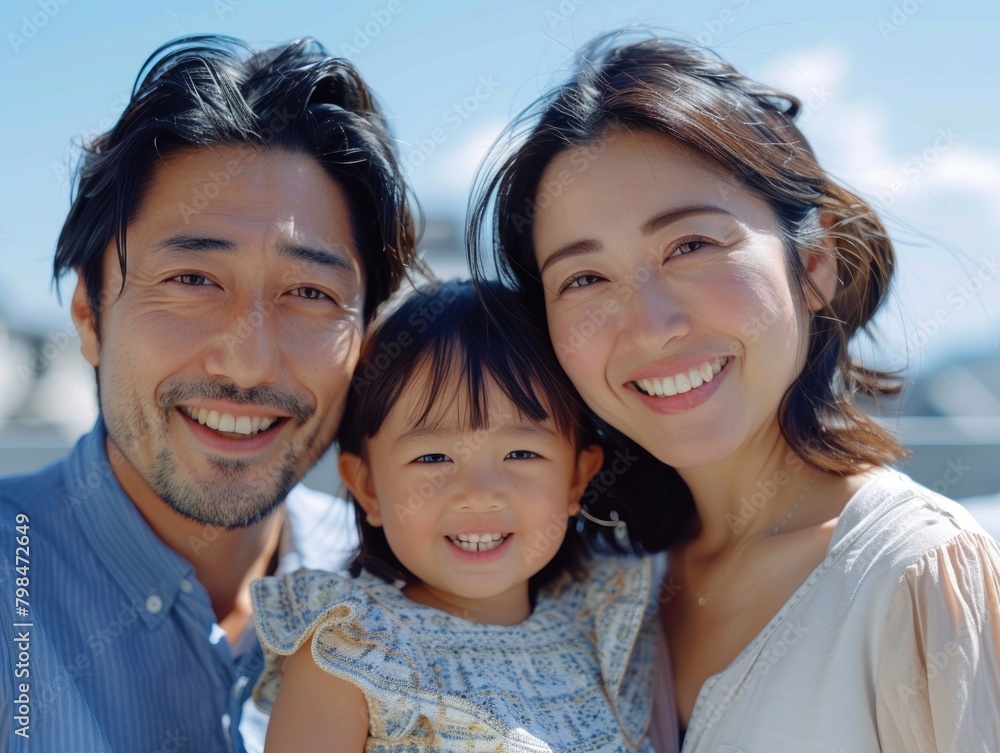A happy family of three, outdoor travel group photo A happy family of three, outdoor travel group photo