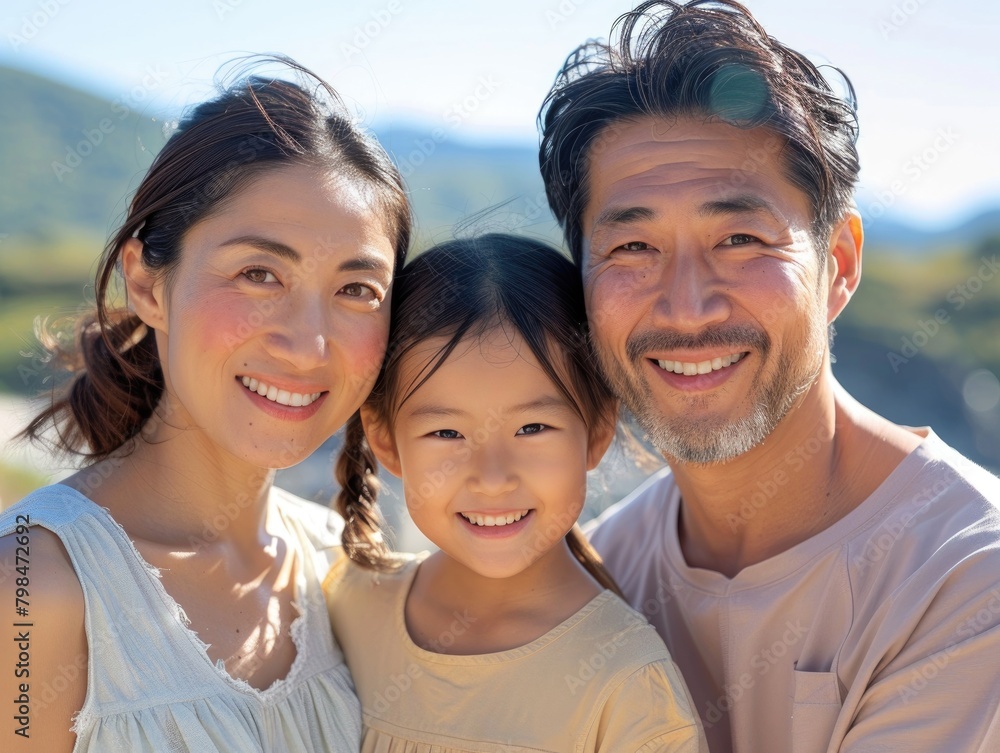 A happy family of three, outdoor travel group photo A happy family of three, outdoor travel group photo